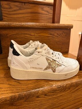 Golden Goose White Sneakers with Gold Glitter Star and Black Heel